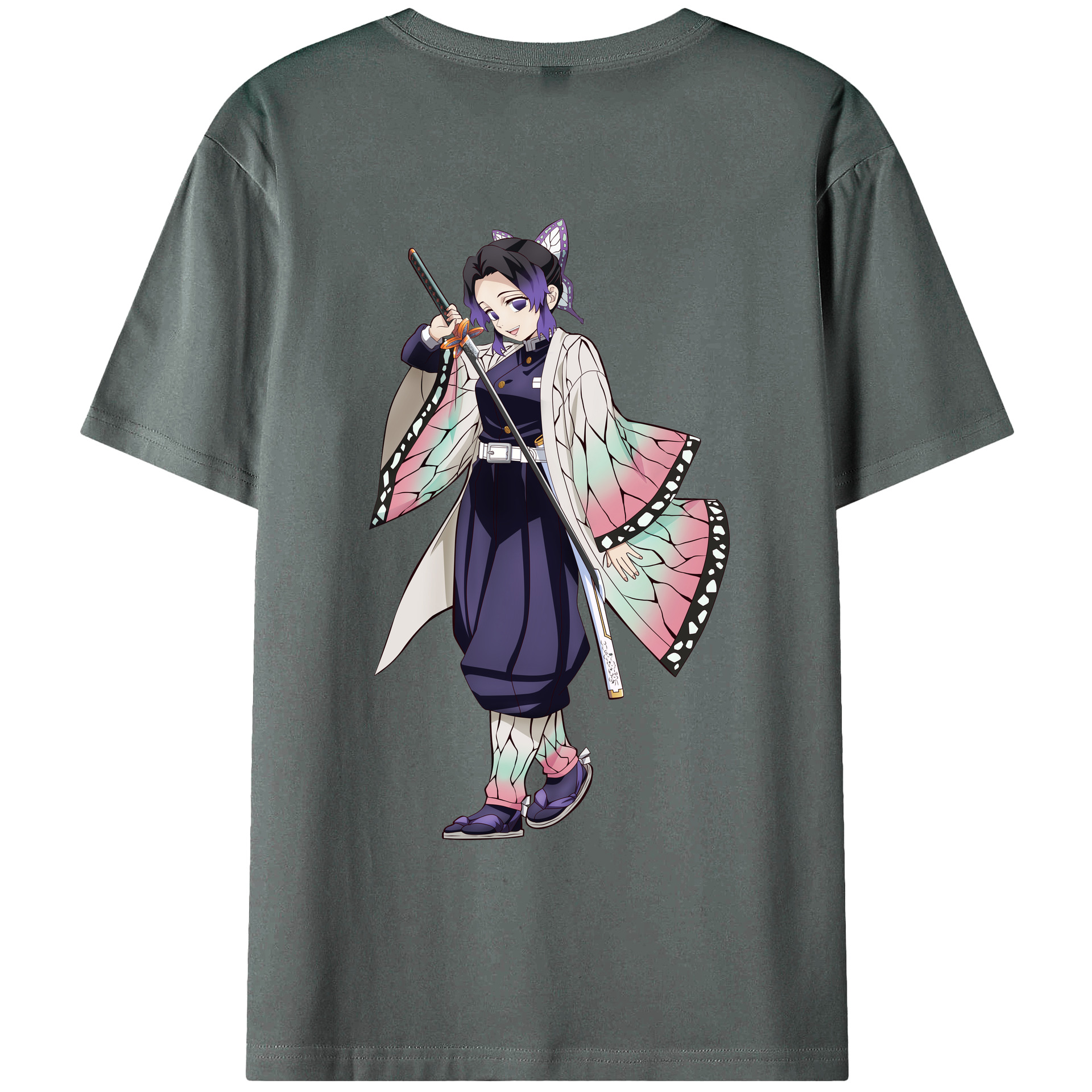 （画像用） 鬼滅の刃（きめつのやいば）蟲柱-胡蝶 しのぶ／こちょう しのぶ Kochou Shinobu 綿100％ メンズ半袖Tシャツ（バックプリント） 通気性